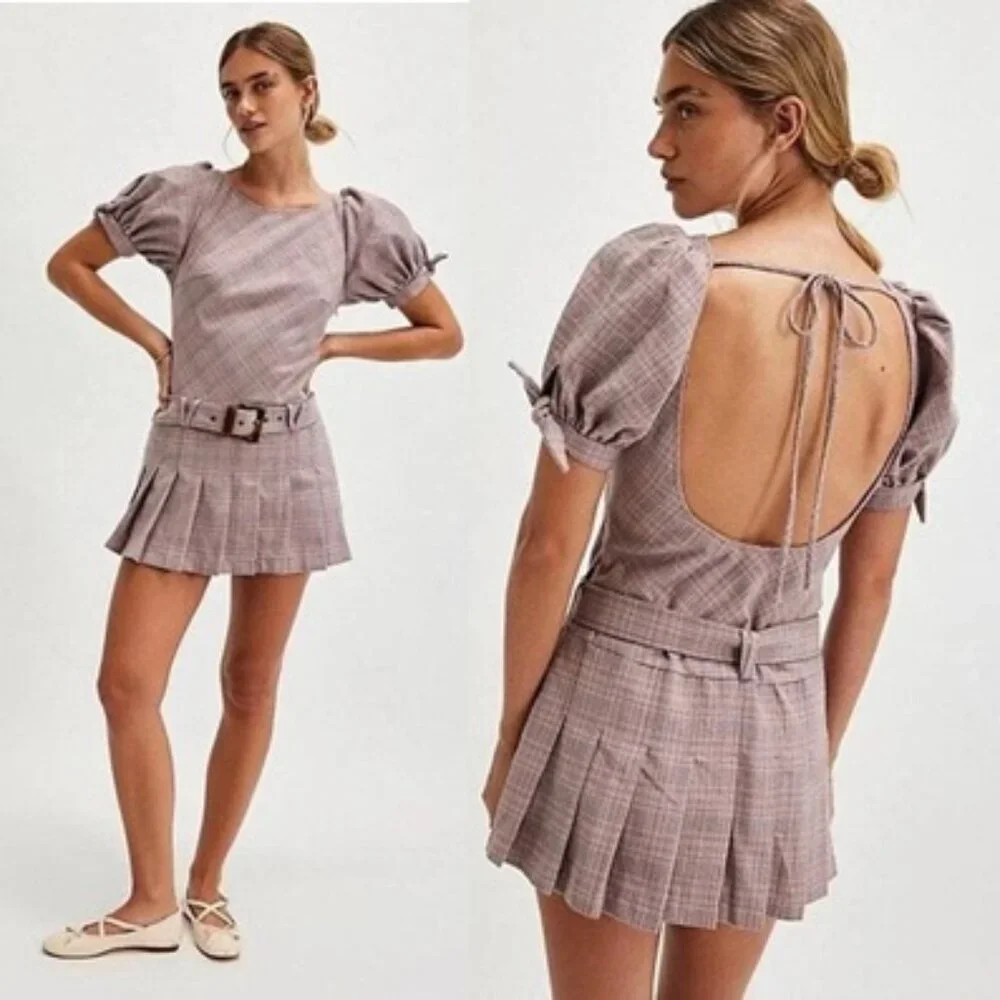 NEW Free People Sevi Plaid Mini Dress Puff Short Sleeve Gray Pink Combo Belted